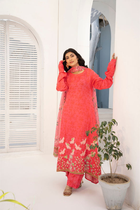 3 Piece Printed Embroidered