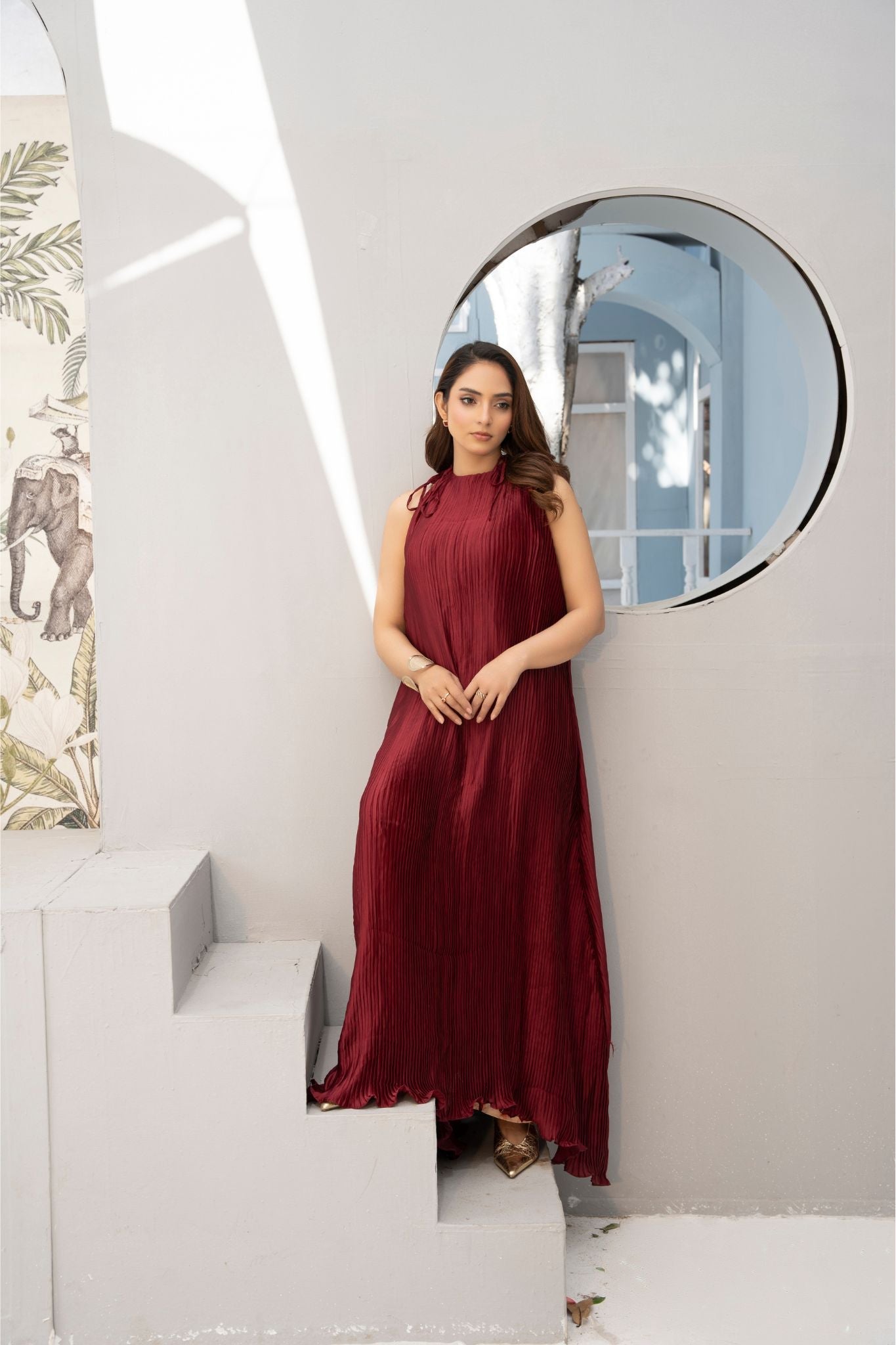 1 Piece Crushed Mahroon Sleevelss Maxi