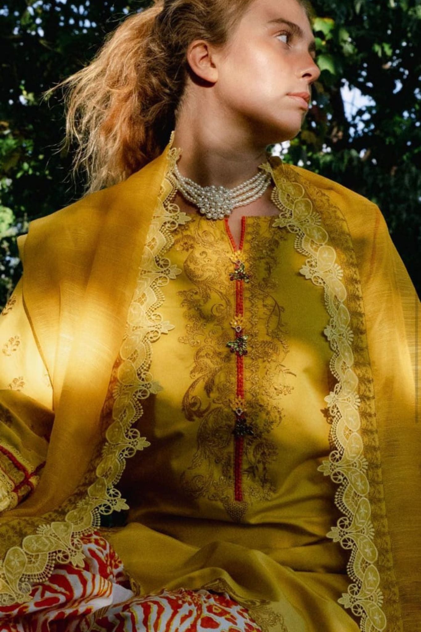 Poly lawn with cotton organza dupatha and Straight shirt with screen printed Farshi Shalwar