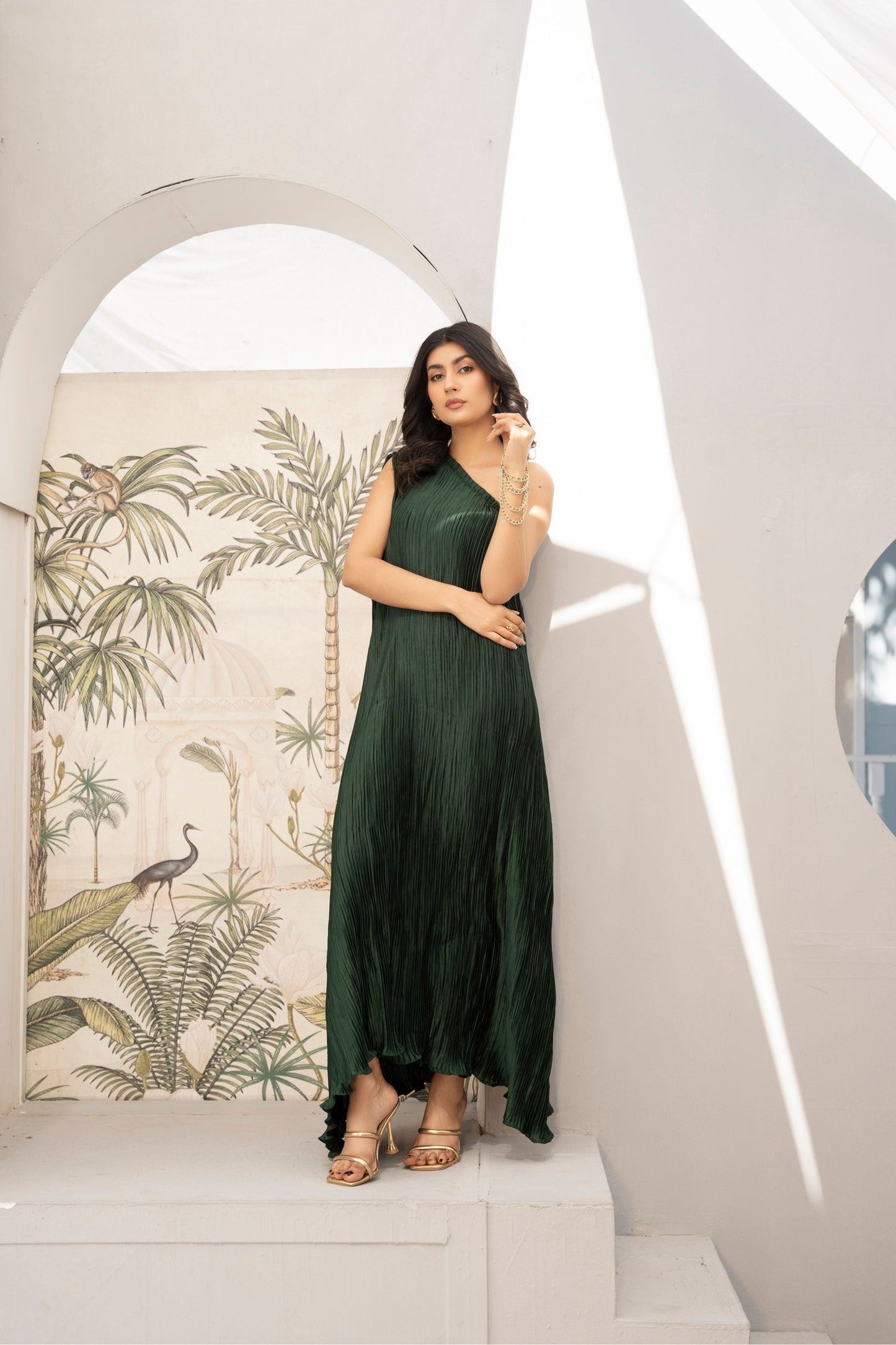 1 Piece Crushed Emerald One off Shoulder Skirt