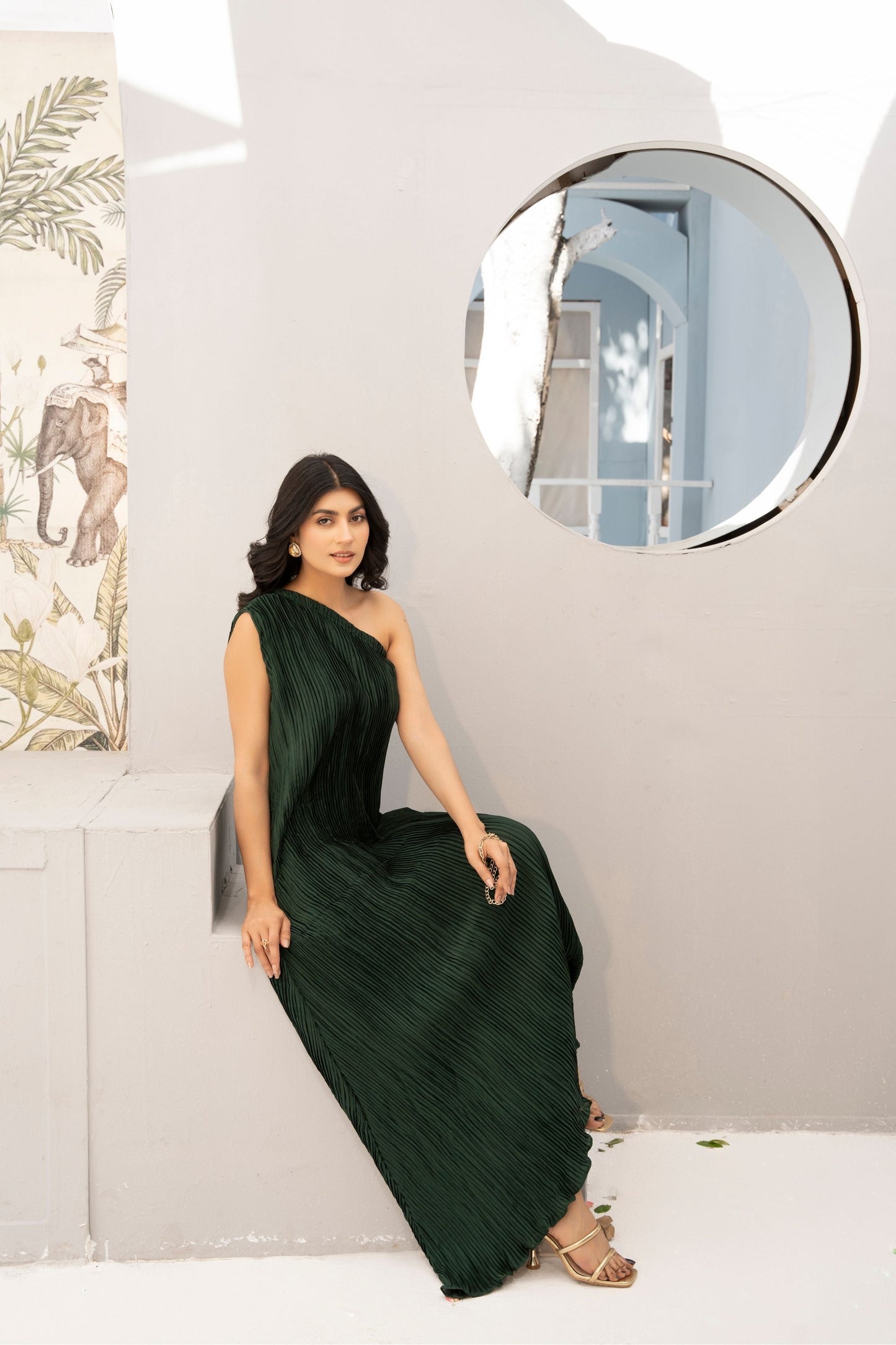 1 Piece Crushed Emerald One off Shoulder Skirt