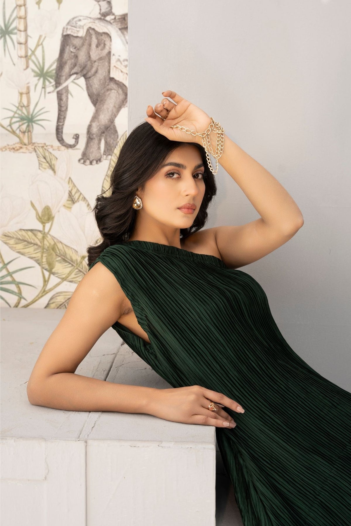 1 Piece Crushed Emerald One off Shoulder Skirt