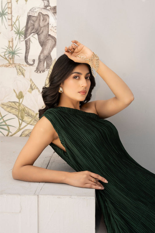 1 Piece Crushed Emerald One off Shoulder Skirt