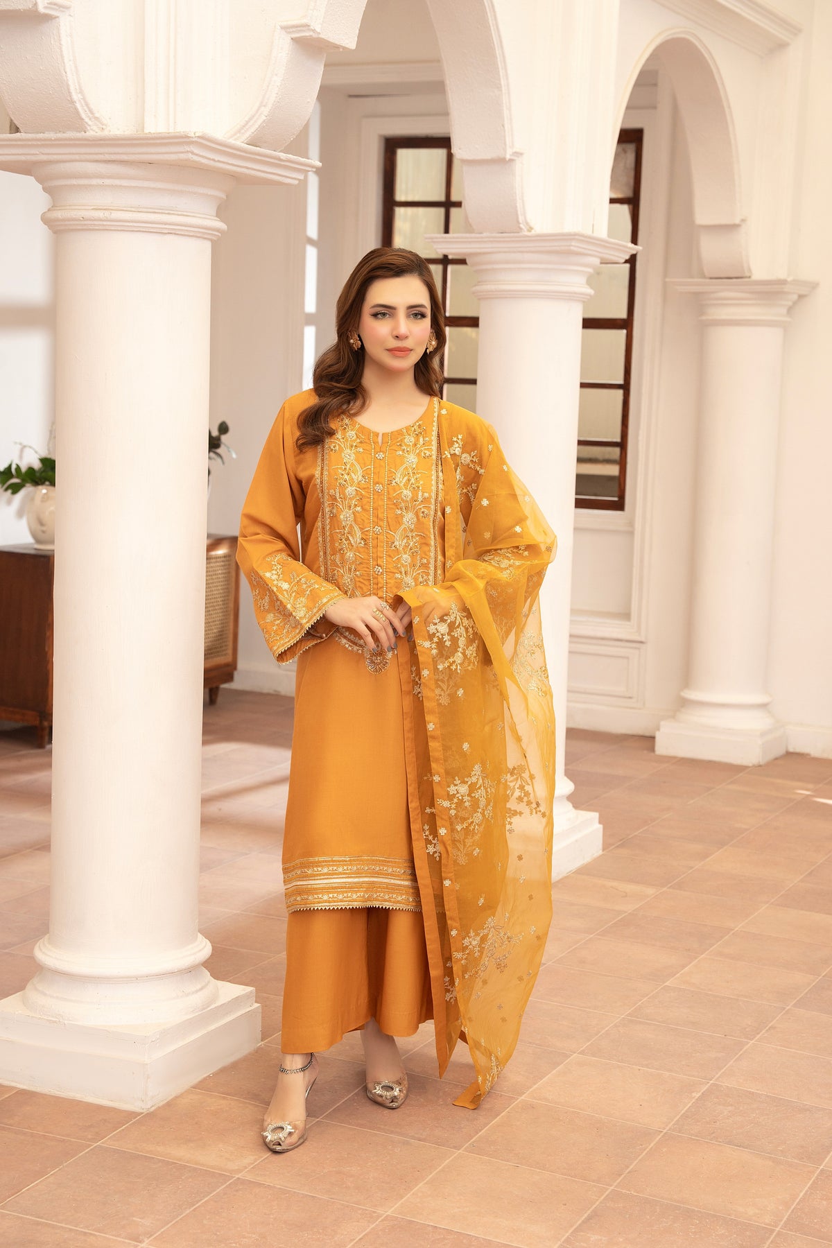 Eid Festive Raw Silk 3 Piece Dress with Trouser and Dupatta