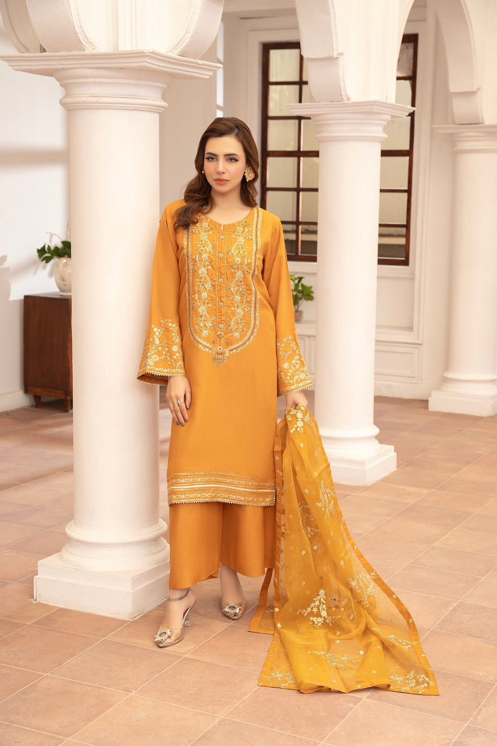 Eid Festive Raw Silk 3 Piece Dress with Trouser and Dupatta