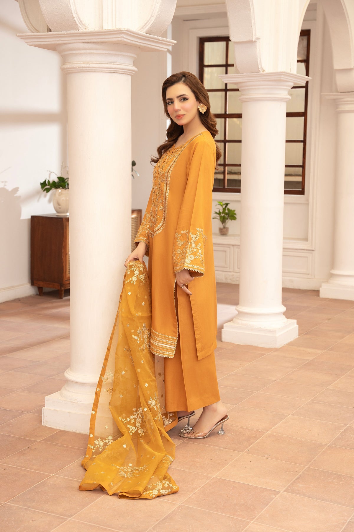 Eid Festive Raw Silk 3 Piece Dress with Trouser and Dupatta