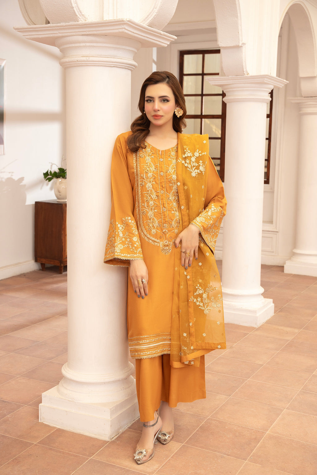 Eid Festive Raw Silk 3 Piece Dress with Trouser and Dupatta